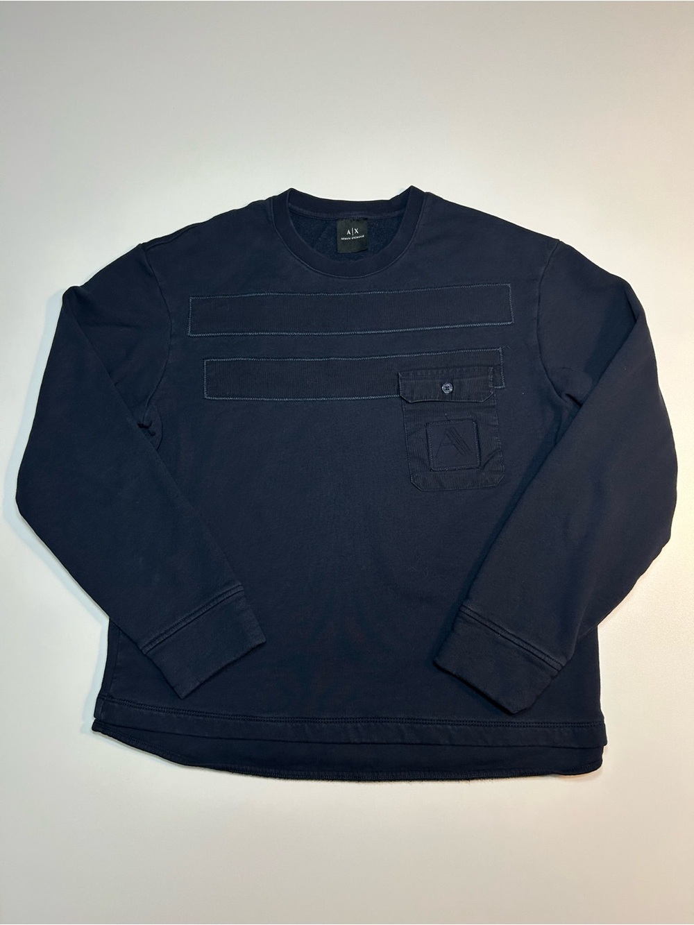 Armani Exchange A|X Navy Crewneck Sweatshirt Textured Chest Stripes Flap Pocket